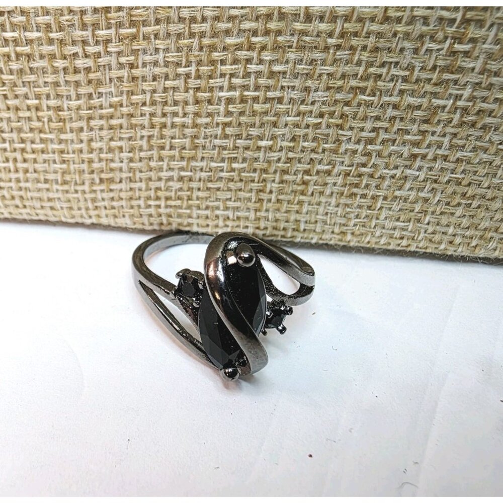 Gun Metal Black Gem Costume Marquis Ring Sz 10.5